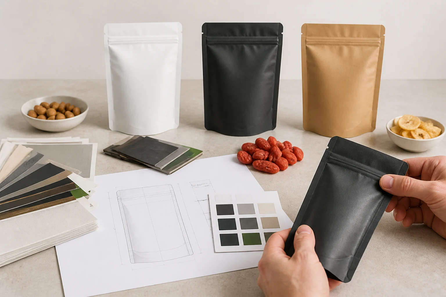 Stand-up pouch sample, material and artwork review on a packaging development table