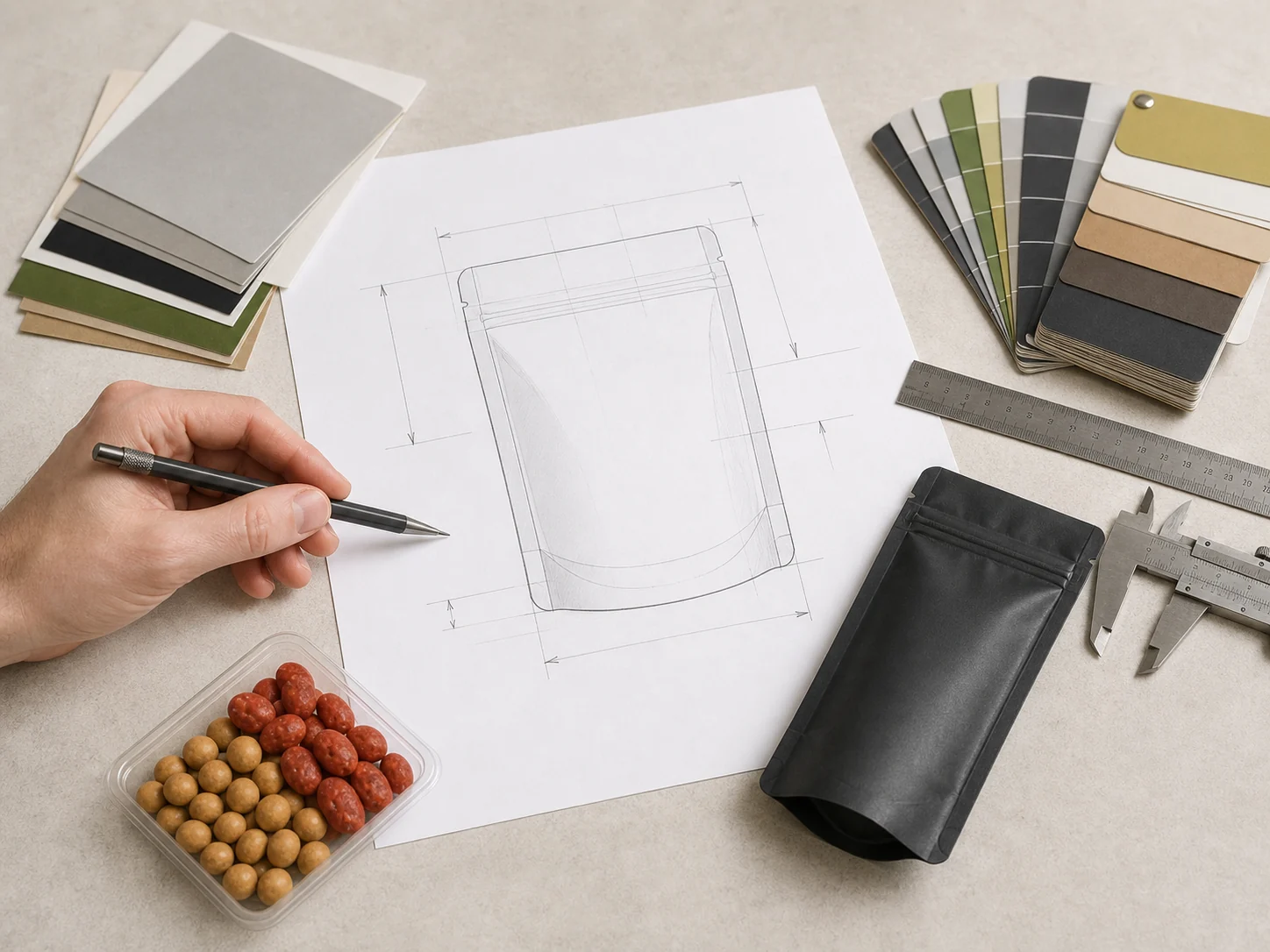 Stand-up pouch drawing, dimension tools and material swatches on a specification worktable