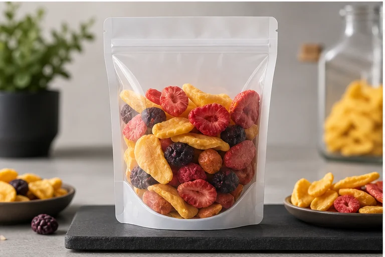 Fruit snack pouch prototype showing headspace window size zipper and fill line