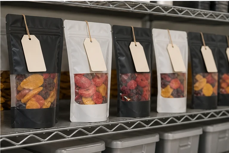 Fruit snack pouch samples labeled for storage reclosure and shipping trials
