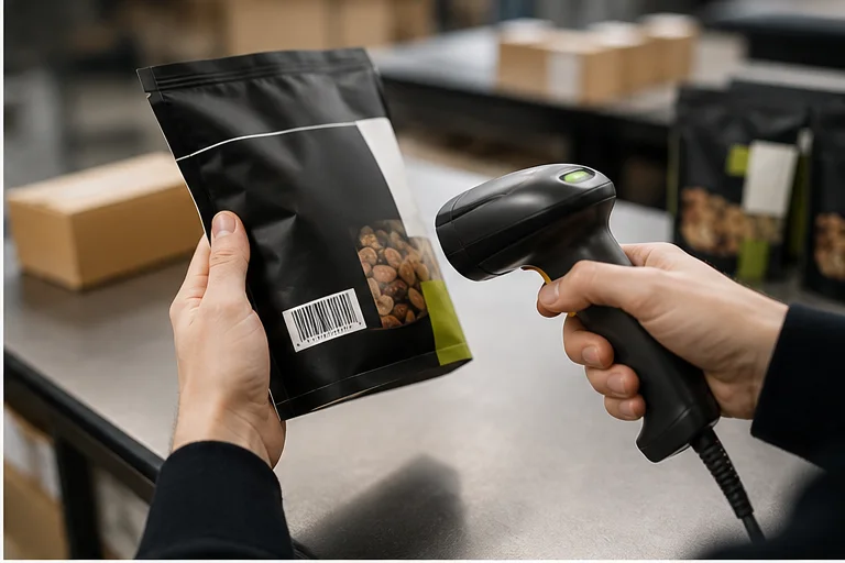 Barcode verification on a filled printed snack pouch away from seals and gusset folds