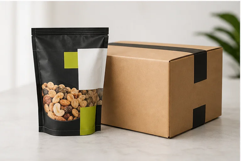 Snack pouch photographed for ecommerce beside a packed delivery carton