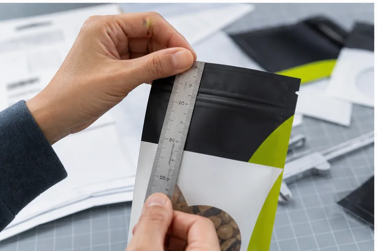 Packaging engineer checking zipper height tear notch and top seal on a snack pouch