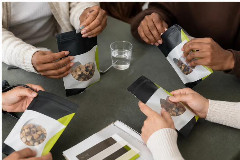 Consumers of different ages testing resealable snack pouches at a review table