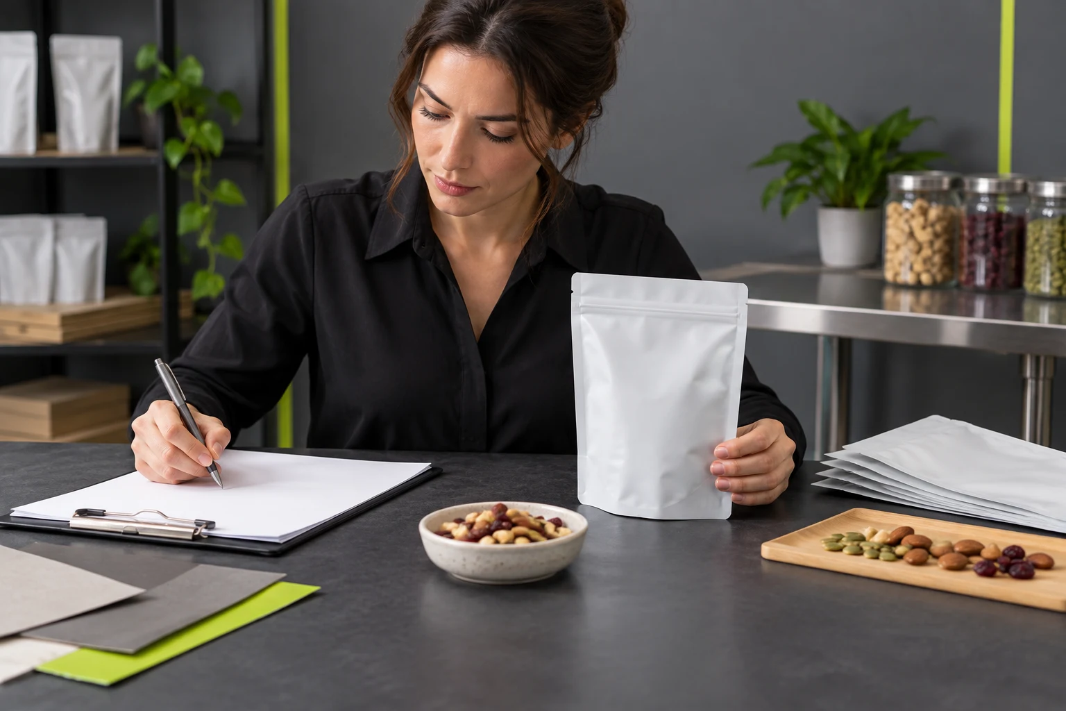 Packaging specialist reviewing filled a snack pouch trial pouch height and seal clearance