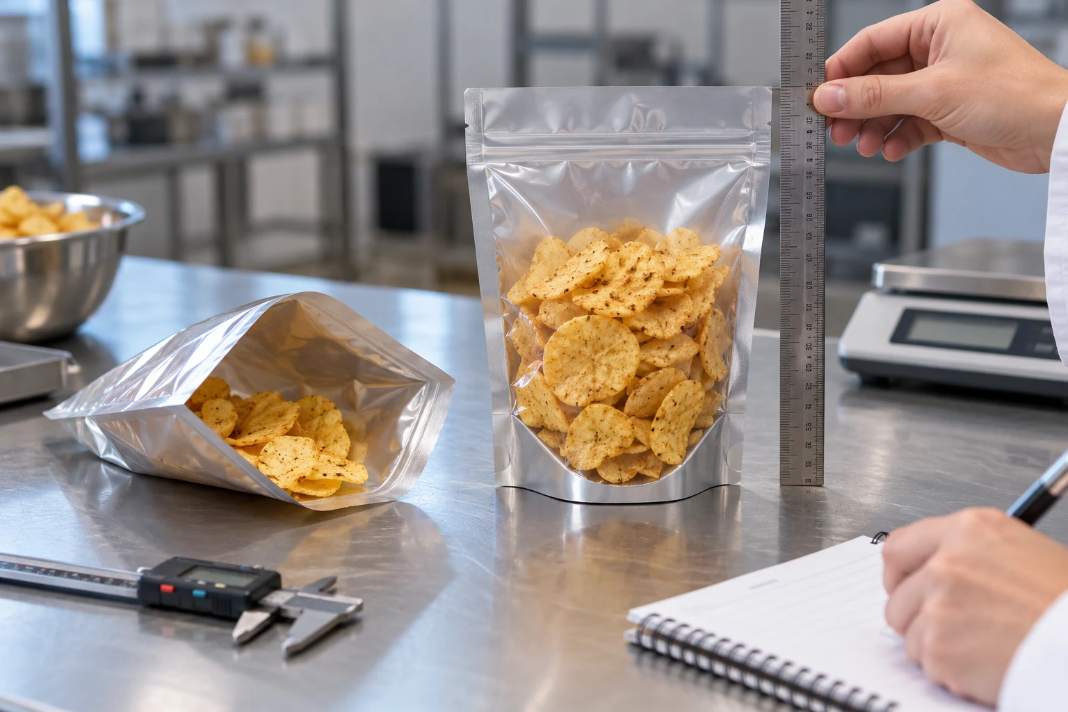 Filled conventional a snack pouch trial stand up pouch reviewed for shipping and display