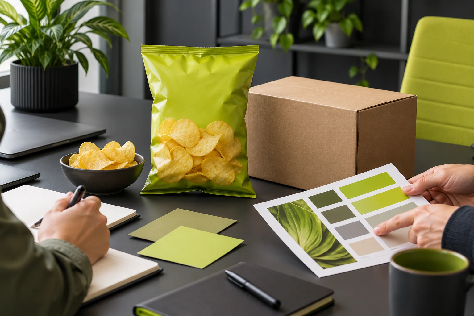 Filled a snack pouch trial pouch beside carton and controlled sample approval checklist