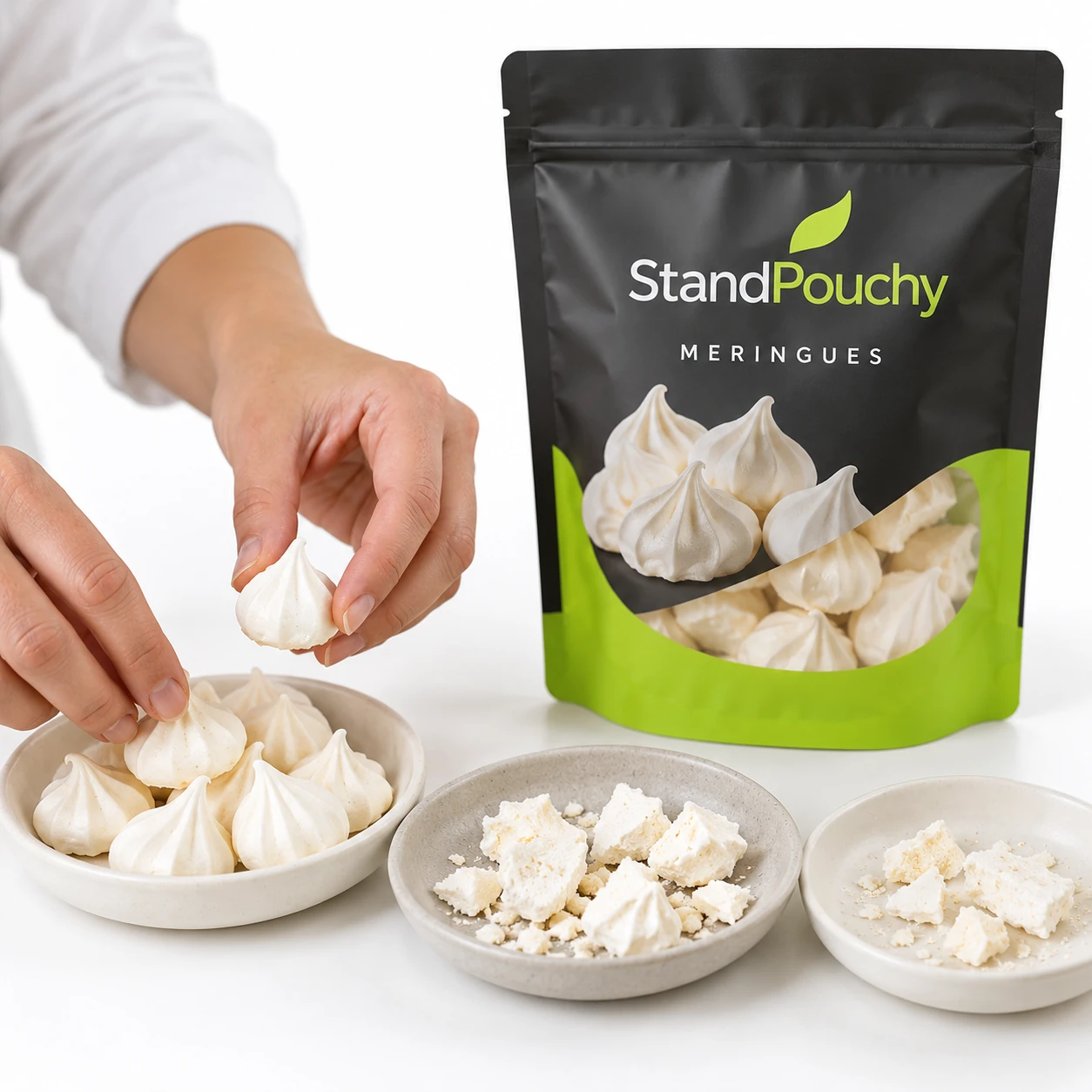 Hands sorting white baked meringue kisses and fragments beside a charcoal and lime StandPouchy pouch