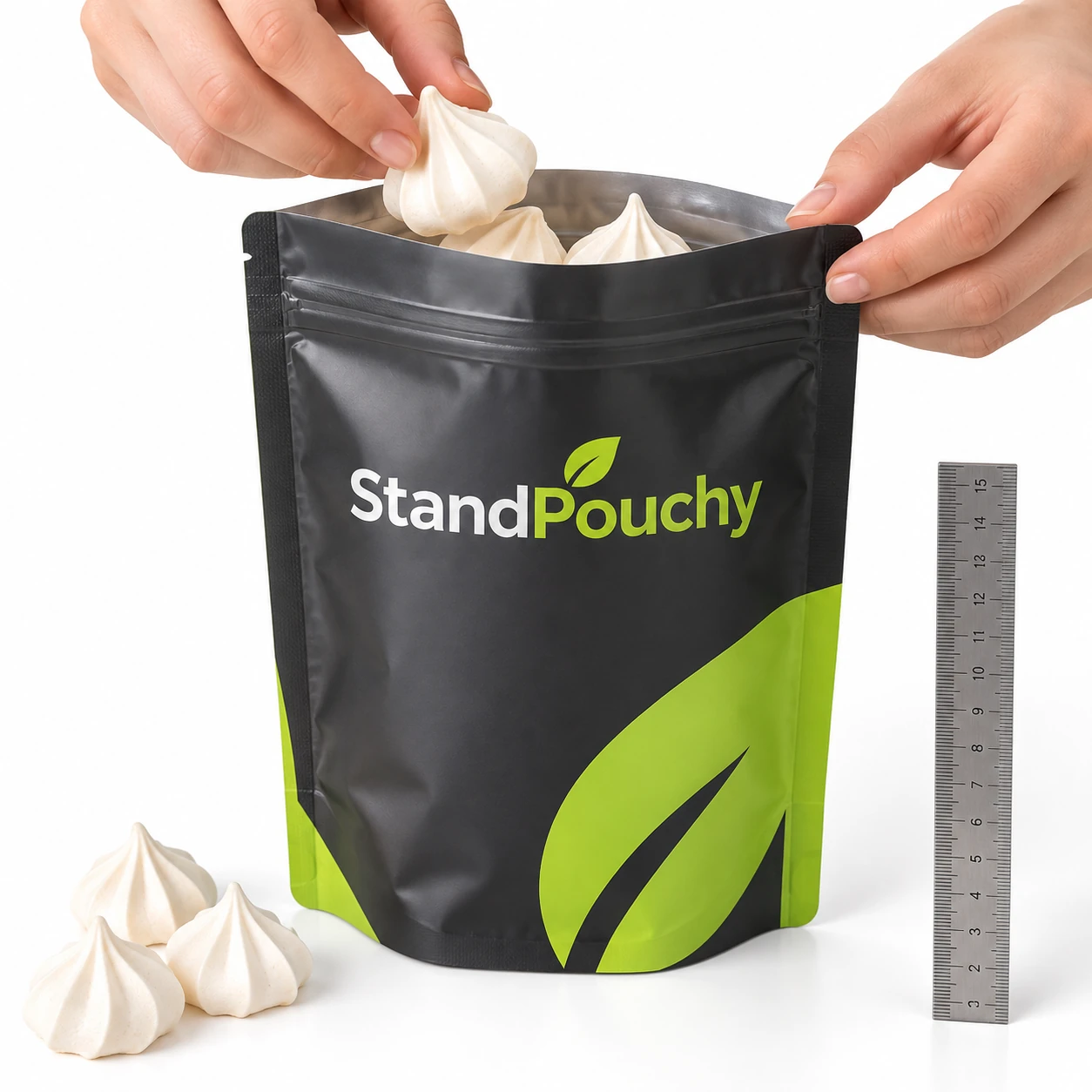 Hands gently filling a wide conventional StandPouchy pouch with white meringue kisses on a white surface