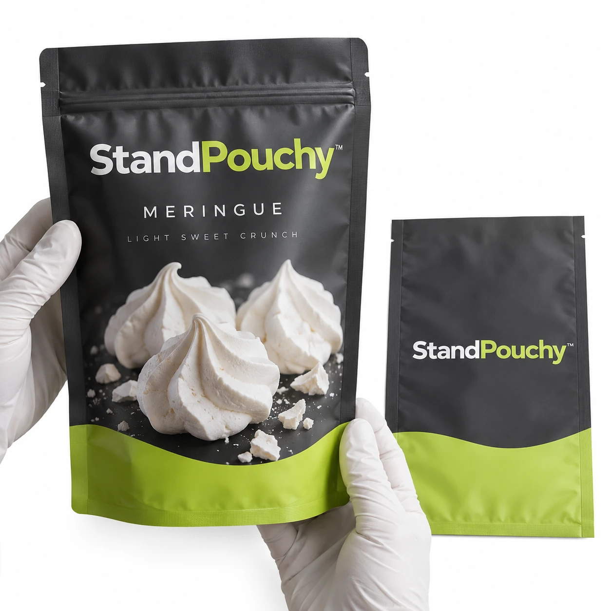 Gloved hands holding a StandPouchy meringue pouch beside a flat matching pouch on white