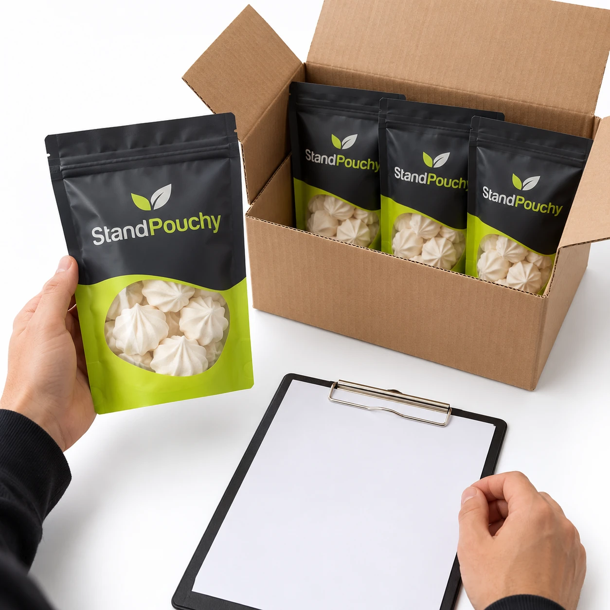 Standing StandPouchy meringue pouch beside an open corrugated case and a sample approval sheet on white