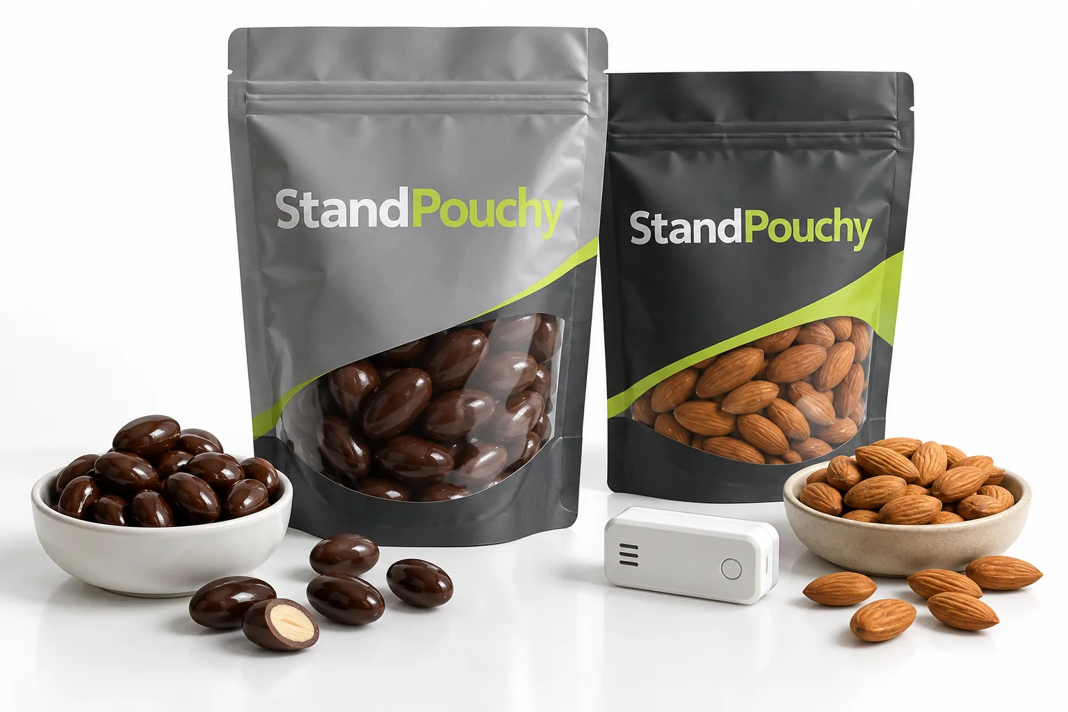 Chocolate-coated almonds and plain almonds beside window pouches and a small monitoring device