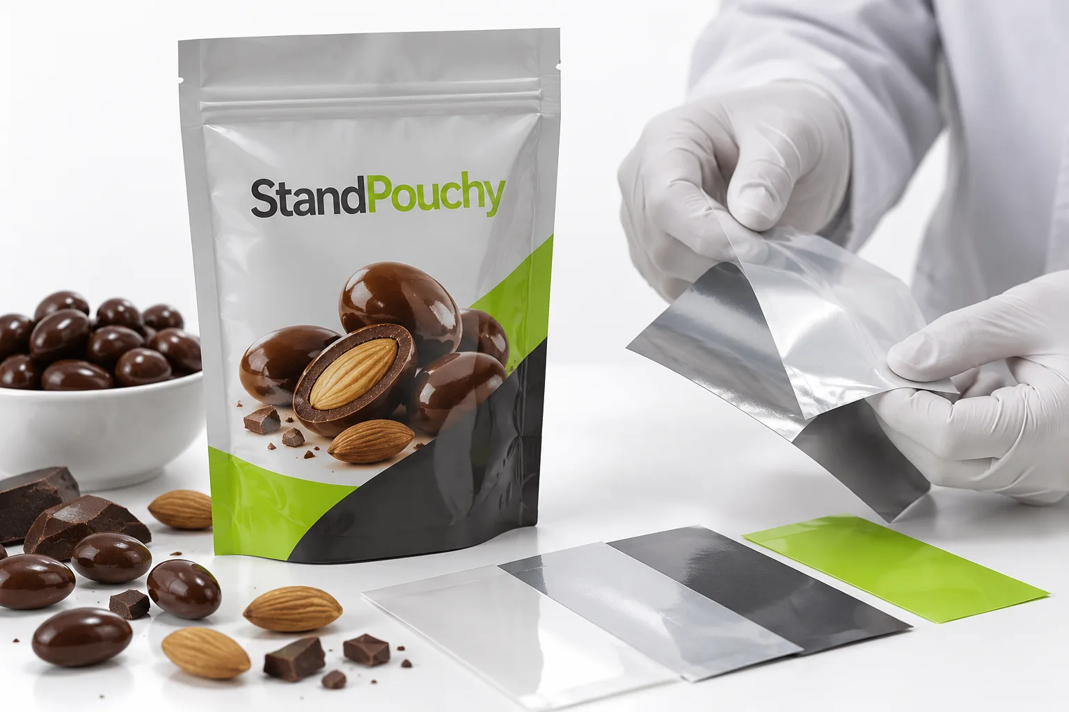 Gloved hands reviewing separate film samples beside a conventional chocolate-coated almond pouch