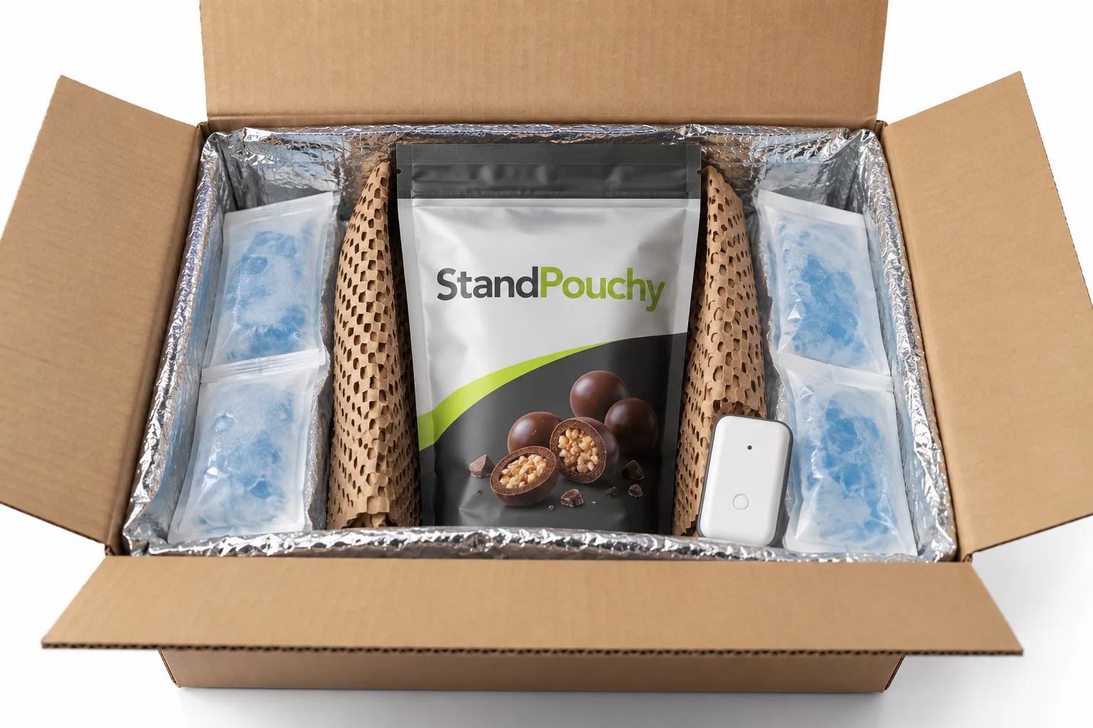 Chocolate snack pouch inside a lined shipping carton with gel packs, paper separation, and monitoring device