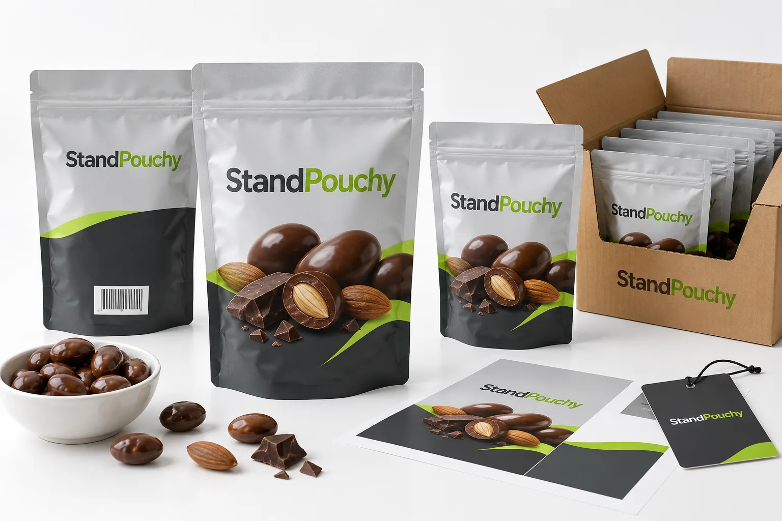 Front and back chocolate-coated snack pouches beside an artwork proof and retail display carton