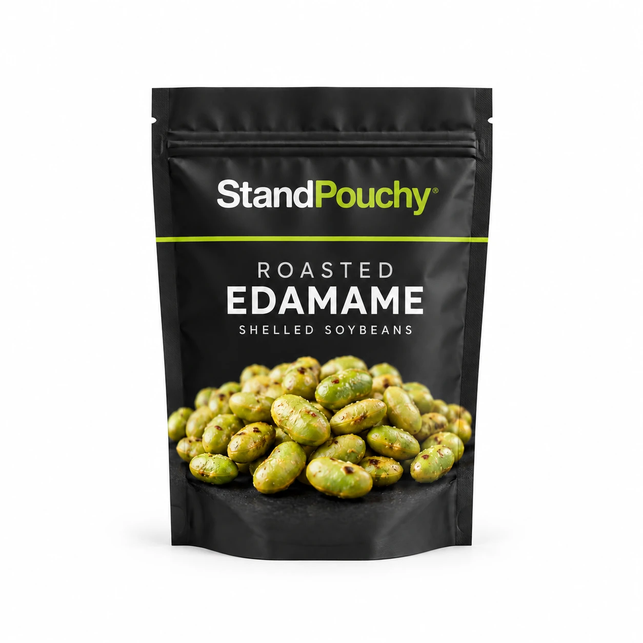 Charcoal and lime StandPouchy roasted edamame doypack centered on seamless white
