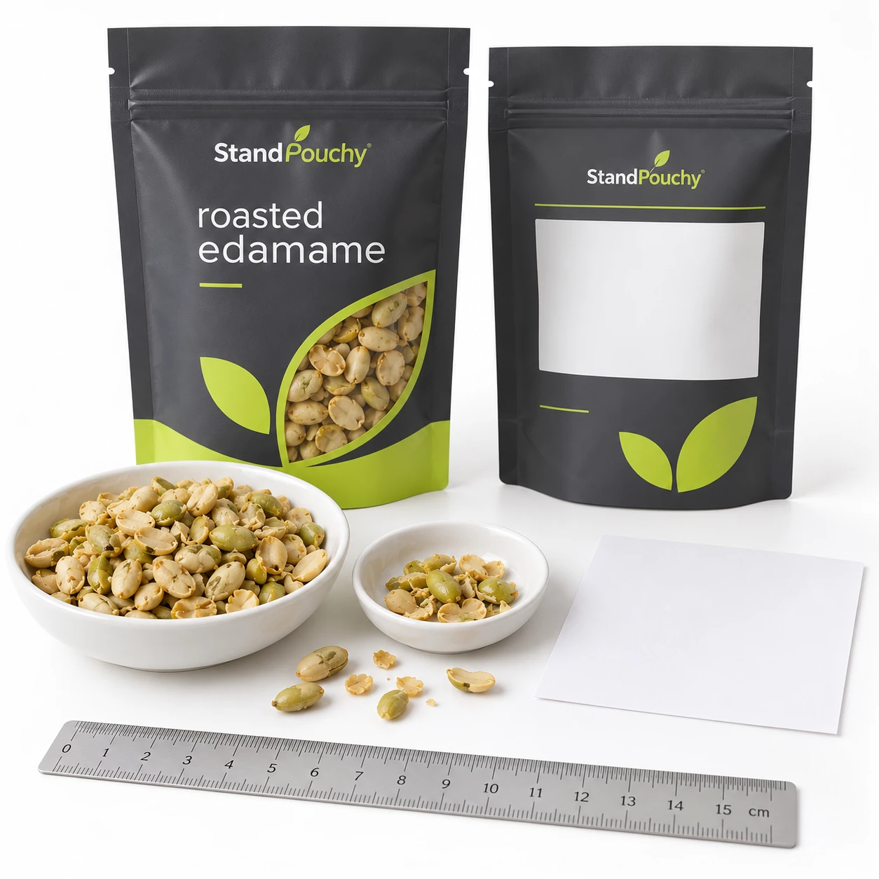 Roasted edamame pouch beside dishes of shelled beans and fragments with a ruler and sample sheet