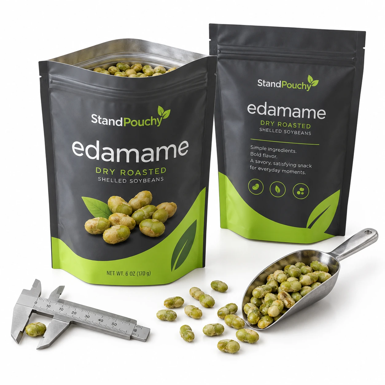 Two edamame pouch widths with an open mouth, beans, a scoop and measuring tools