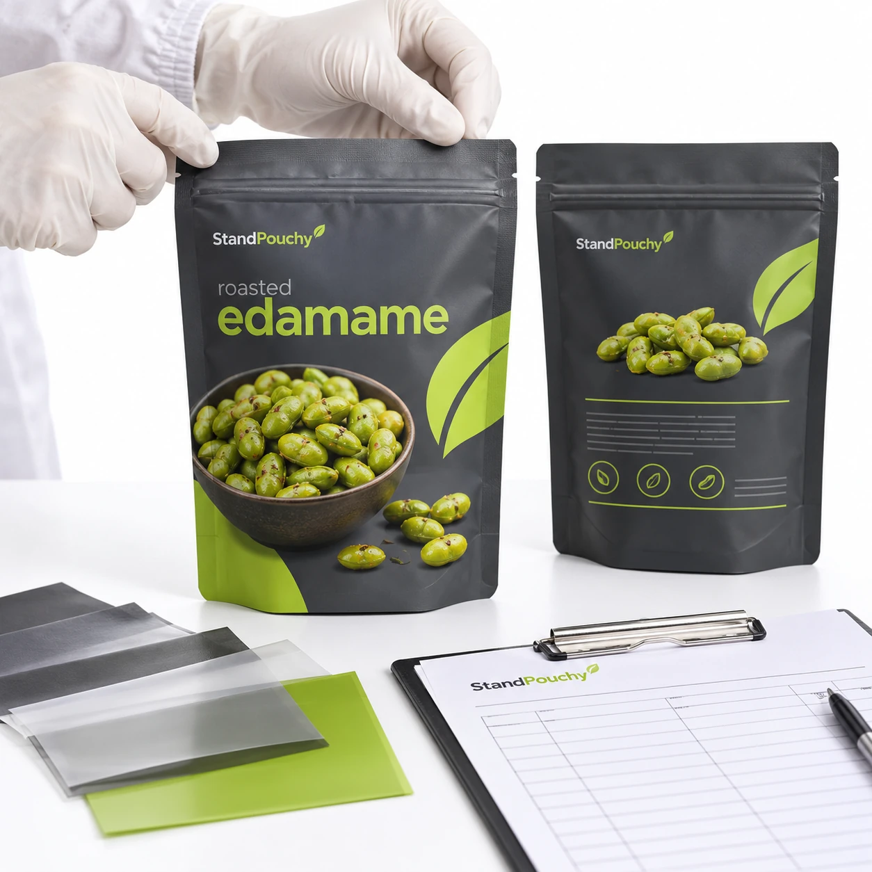 Gloved hands reviewing an edamame pouch top seal above its zipper beside film swatches