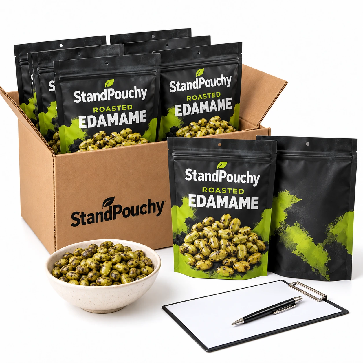 Sealed edamame pouches in a corrugated case beside a retained bean dish and blank approval record