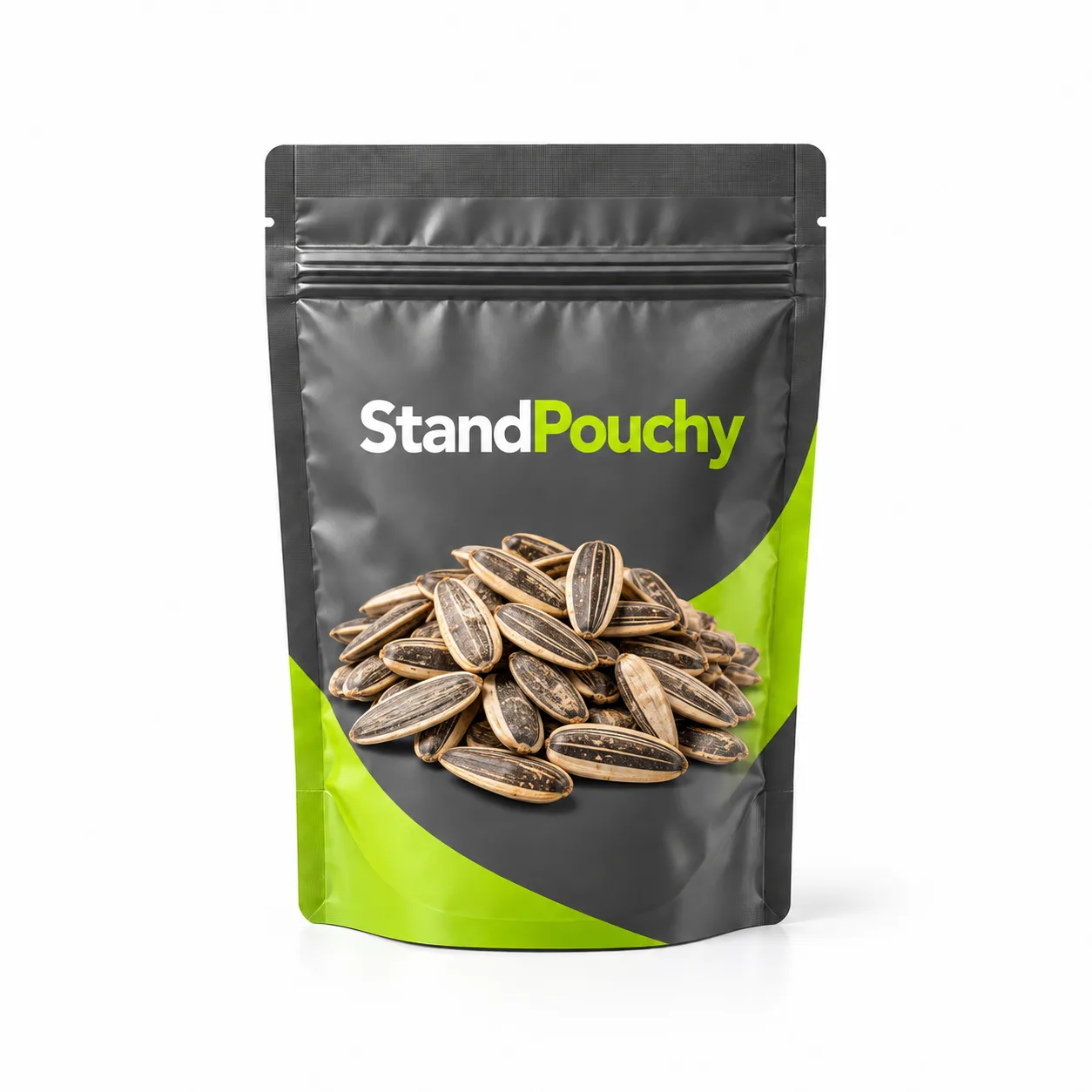 Charcoal and lime StandPouchy stand-up pouch with sunflower seed artwork on a white background