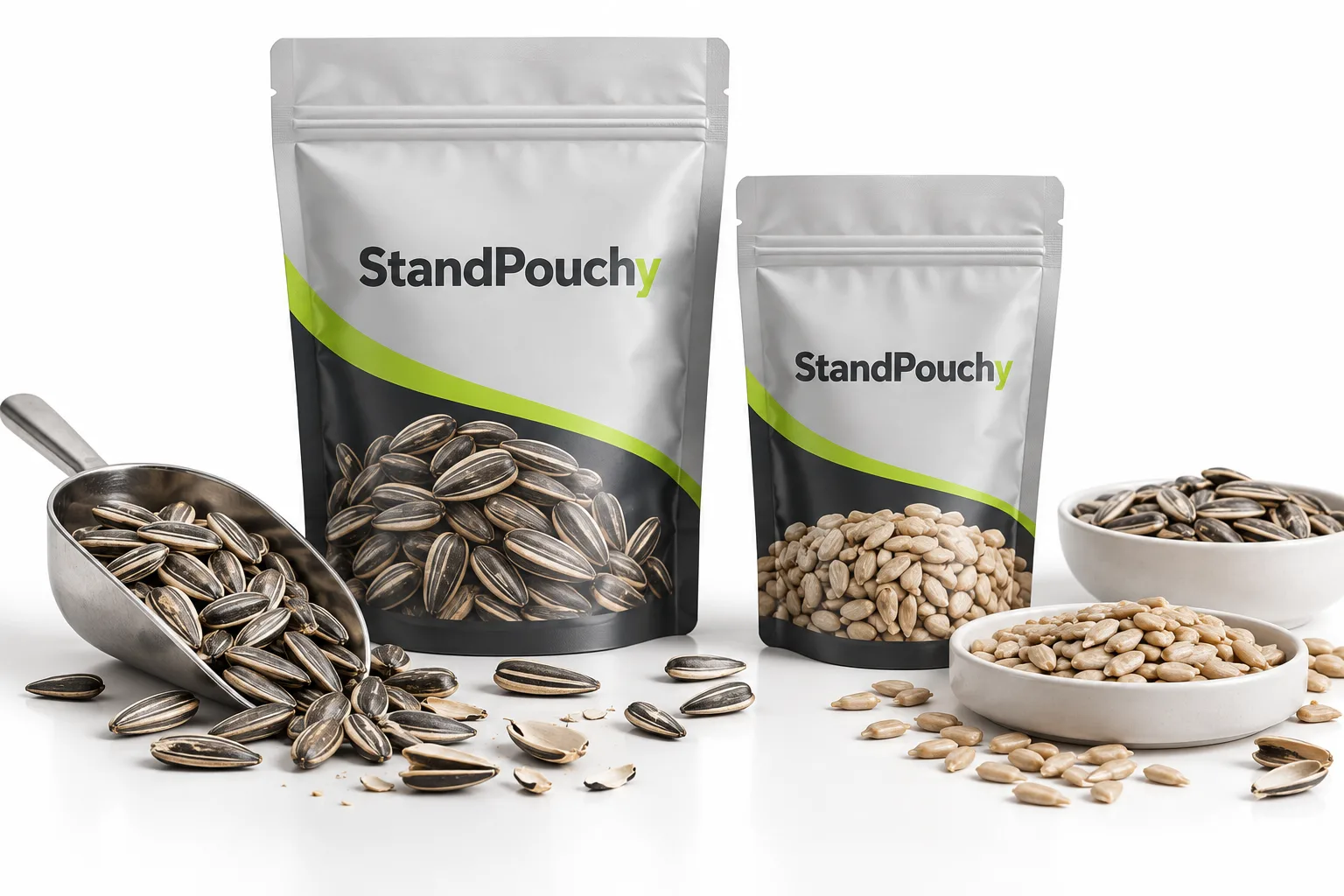 Two conventional pouches beside in-shell sunflower seeds and shelled kernels for product brief comparison