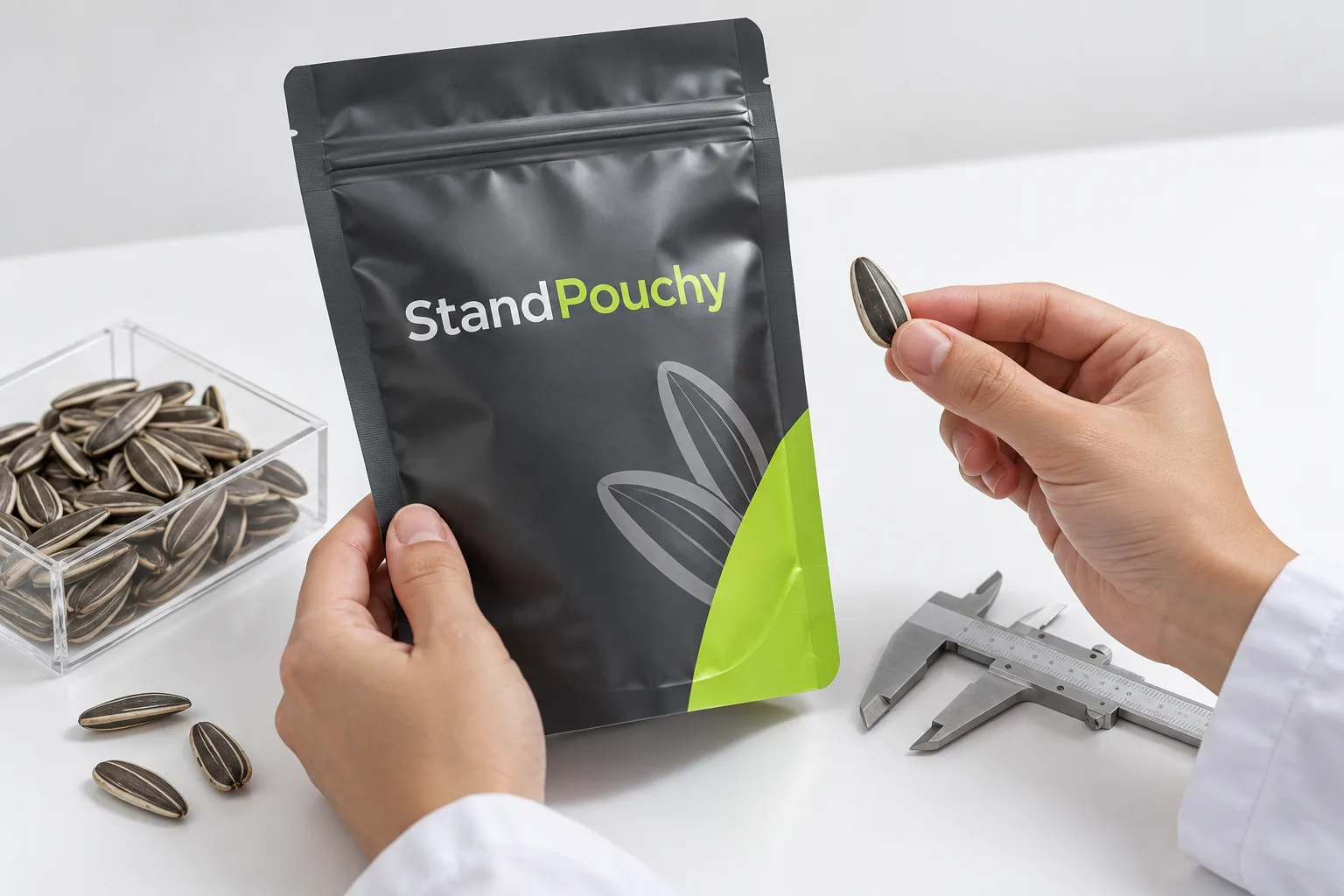 Hands reviewing a charcoal sunflower seed pouch beside a seed sample and caliper