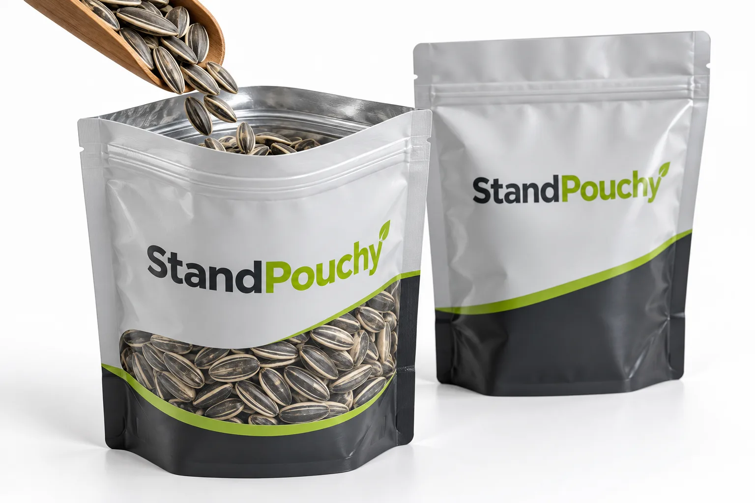 Sunflower seeds being poured into an open conventional zipper pouch beside a closed reference pouch