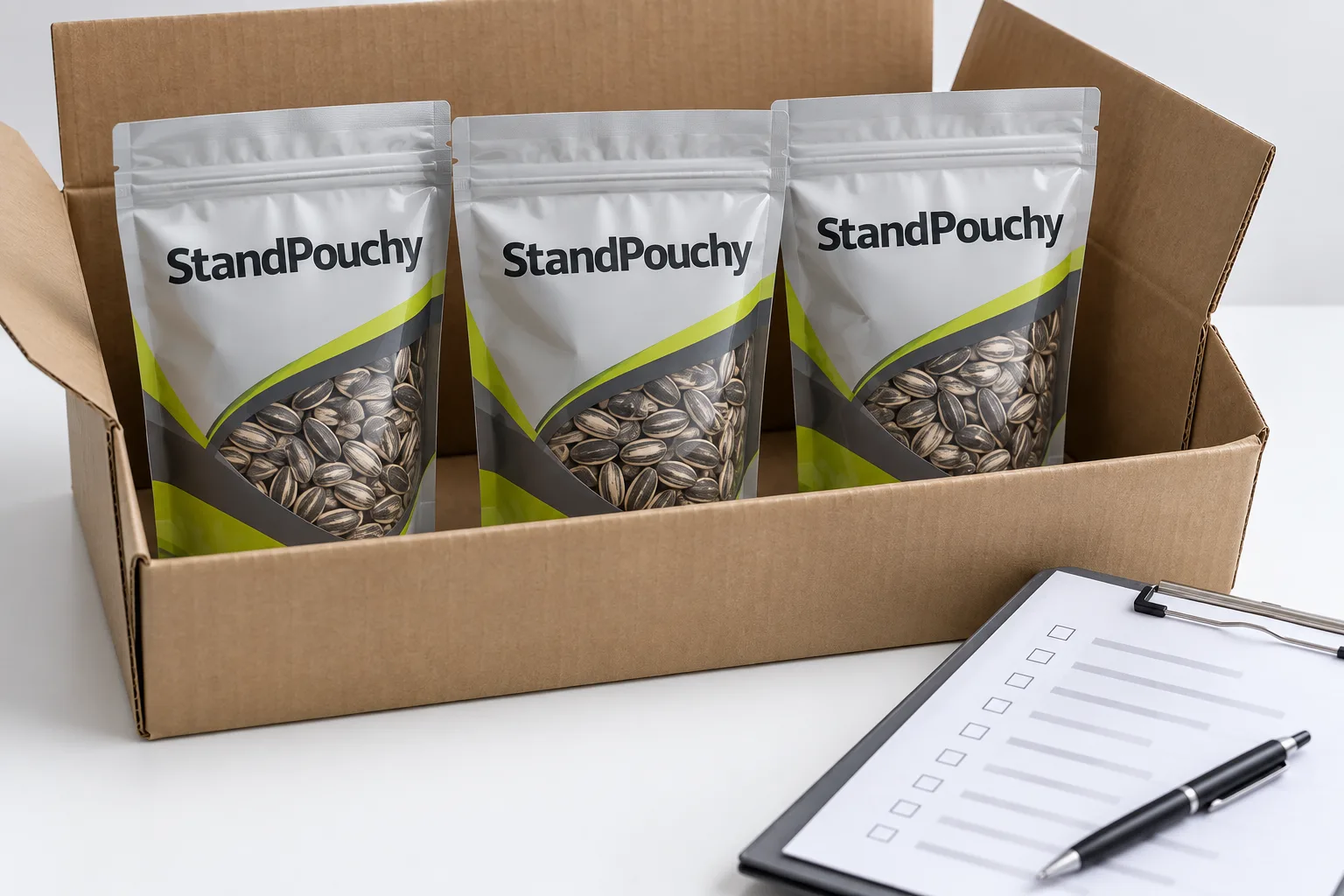 Sunflower seed pouches standing in a shipping carton beside an approval checklist