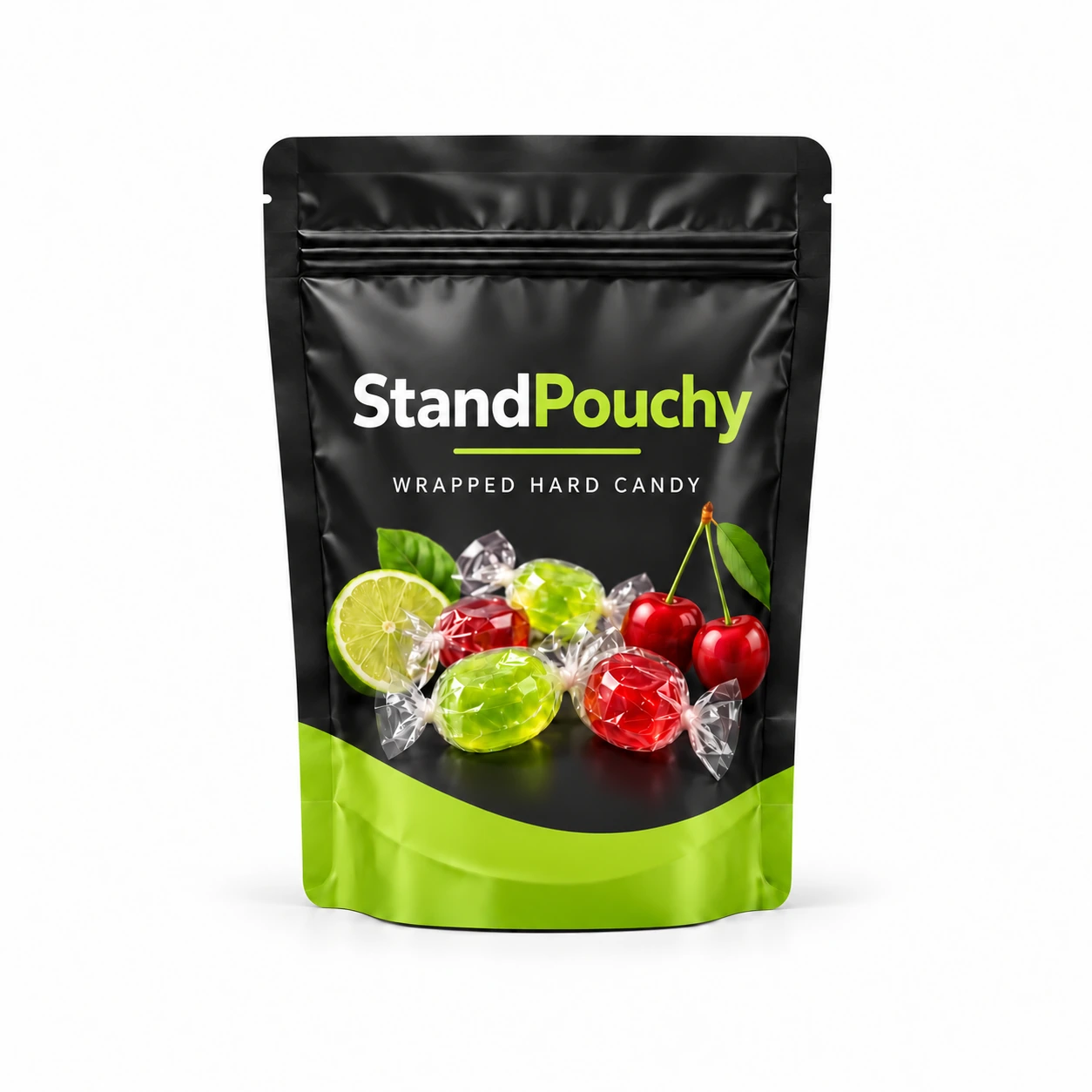 Charcoal and lime StandPouchy hard candy stand-up pouch centered on seamless white