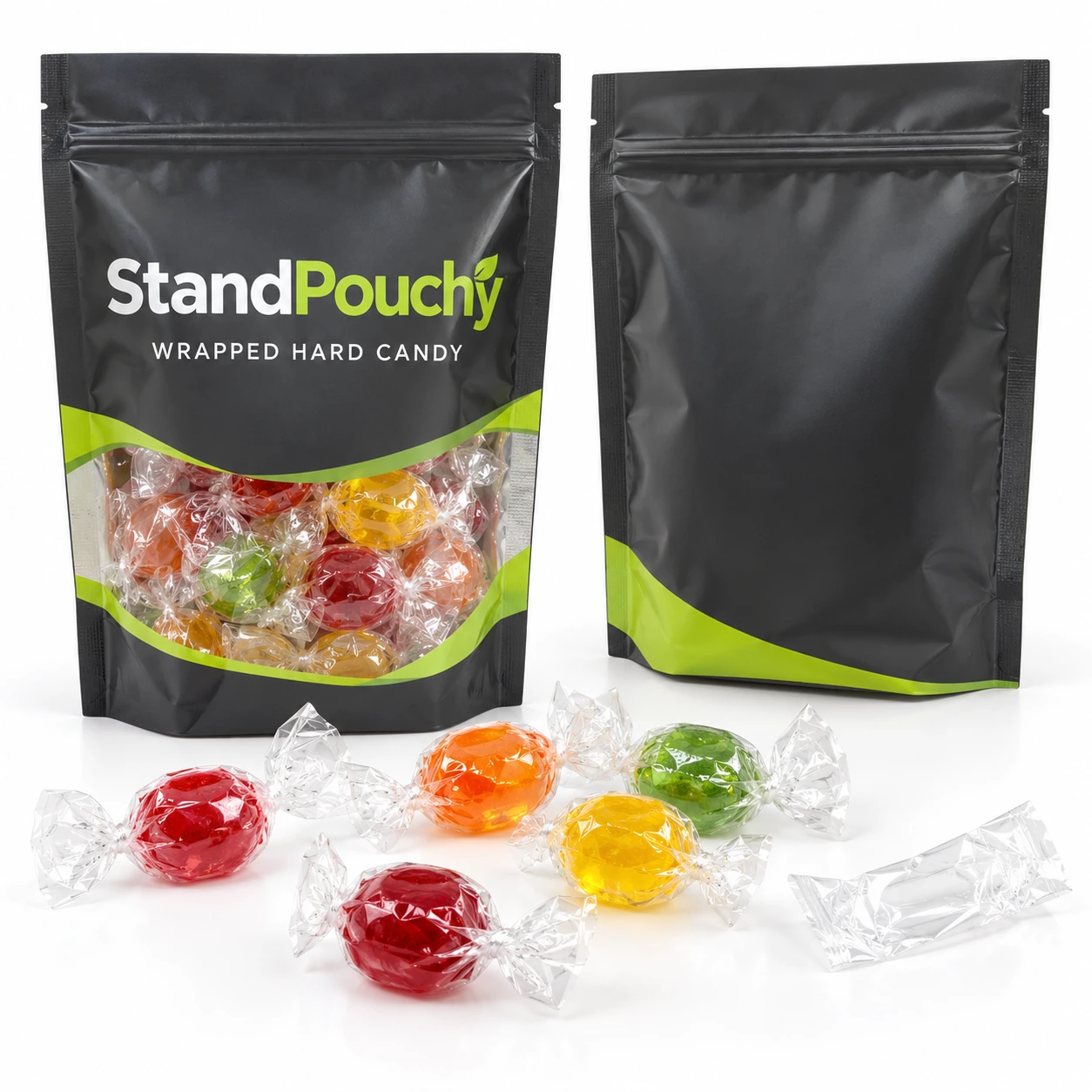 StandPouchy hard candy pouch beside samples of individually twist-wrapped candies on white
