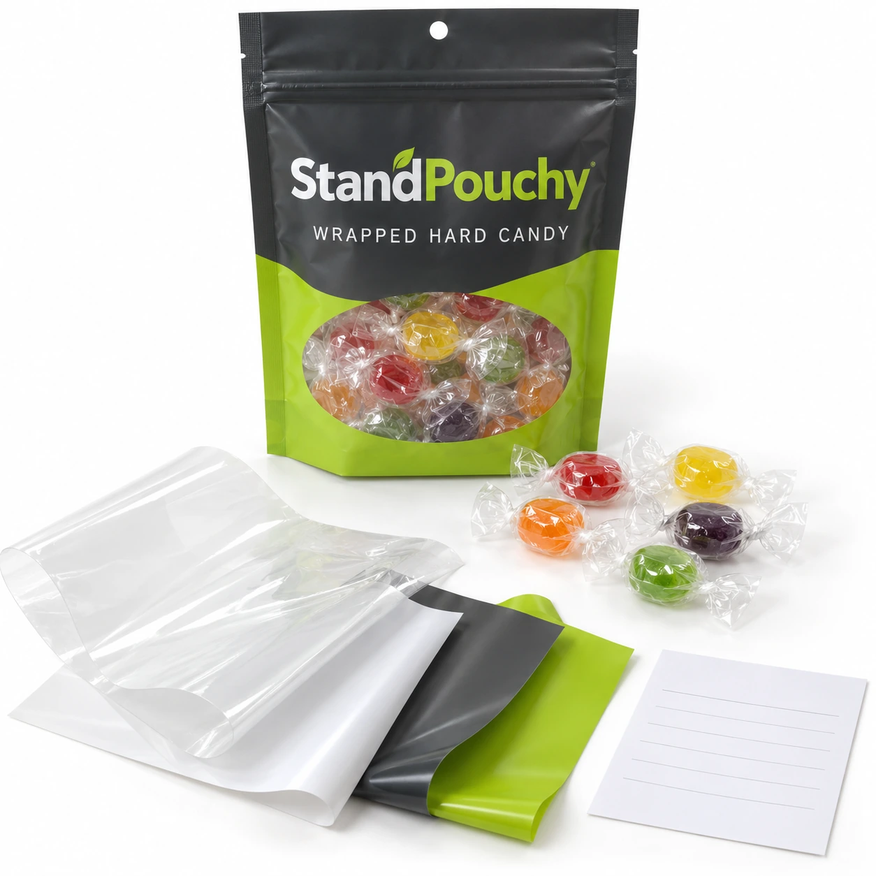 Hard candy pouch with clear and opaque film swatches and a blank evidence record on white