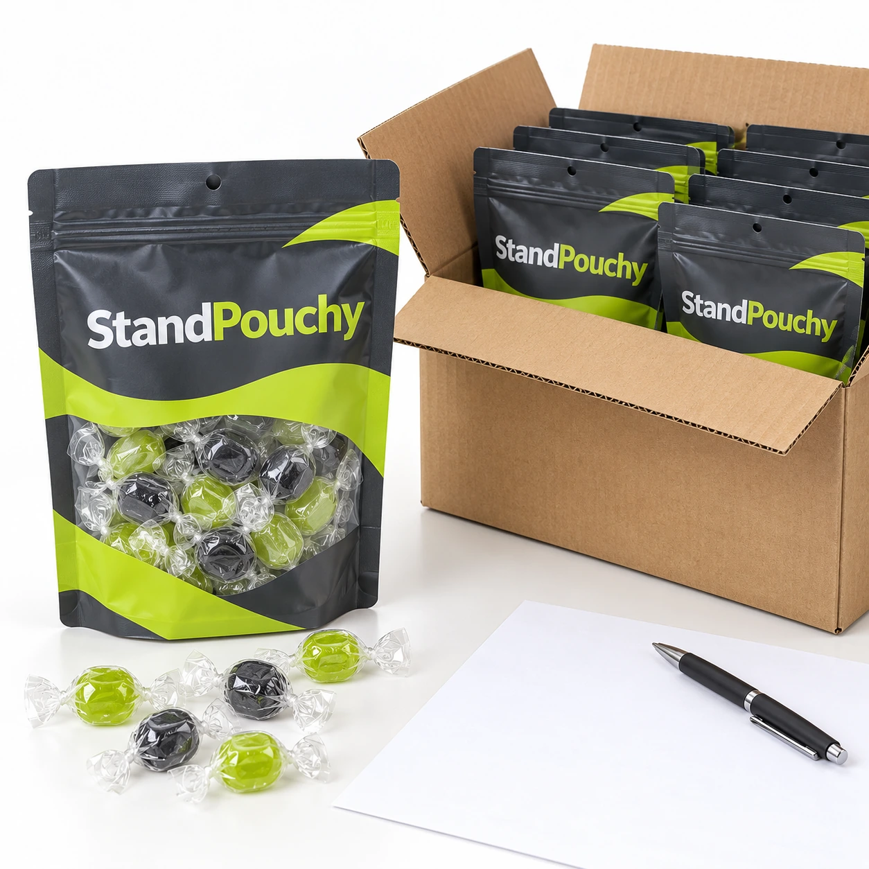 Filled StandPouchy hard candy pouch with wrapped pieces beside an open case and sample approval sheet