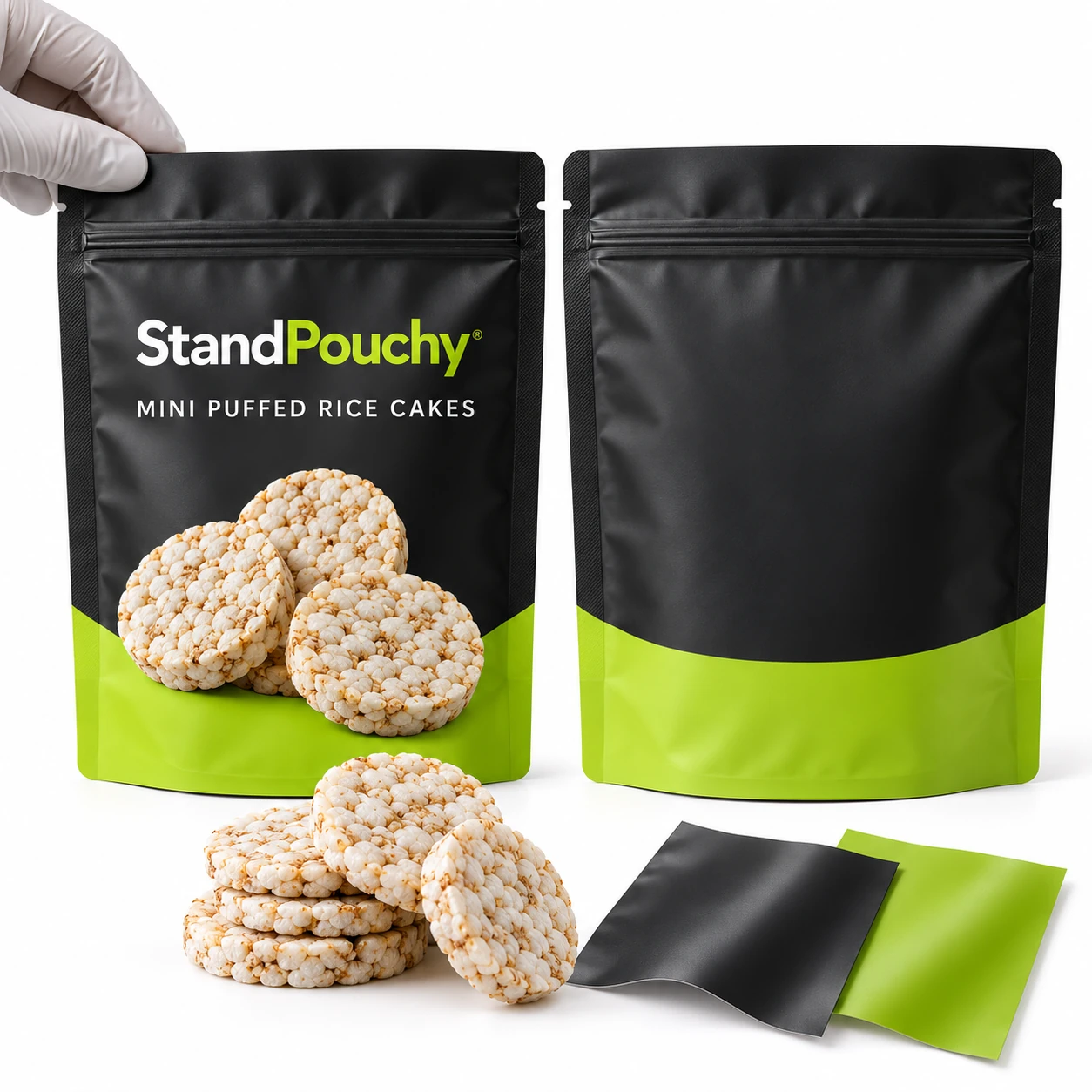 Gloved hand holding a mini rice cake pouch beside a blank-back pouch, dry discs and film swatches
