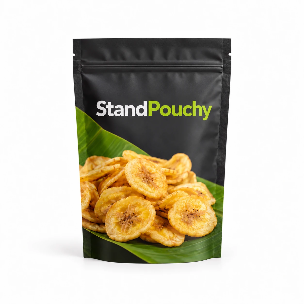 Charcoal and lime StandPouchy banana chip stand-up pouch centered on seamless white