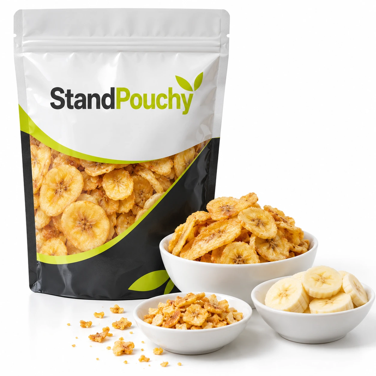 Banana chip pouch beside white dishes of fried chips, fragments and fresh banana slices