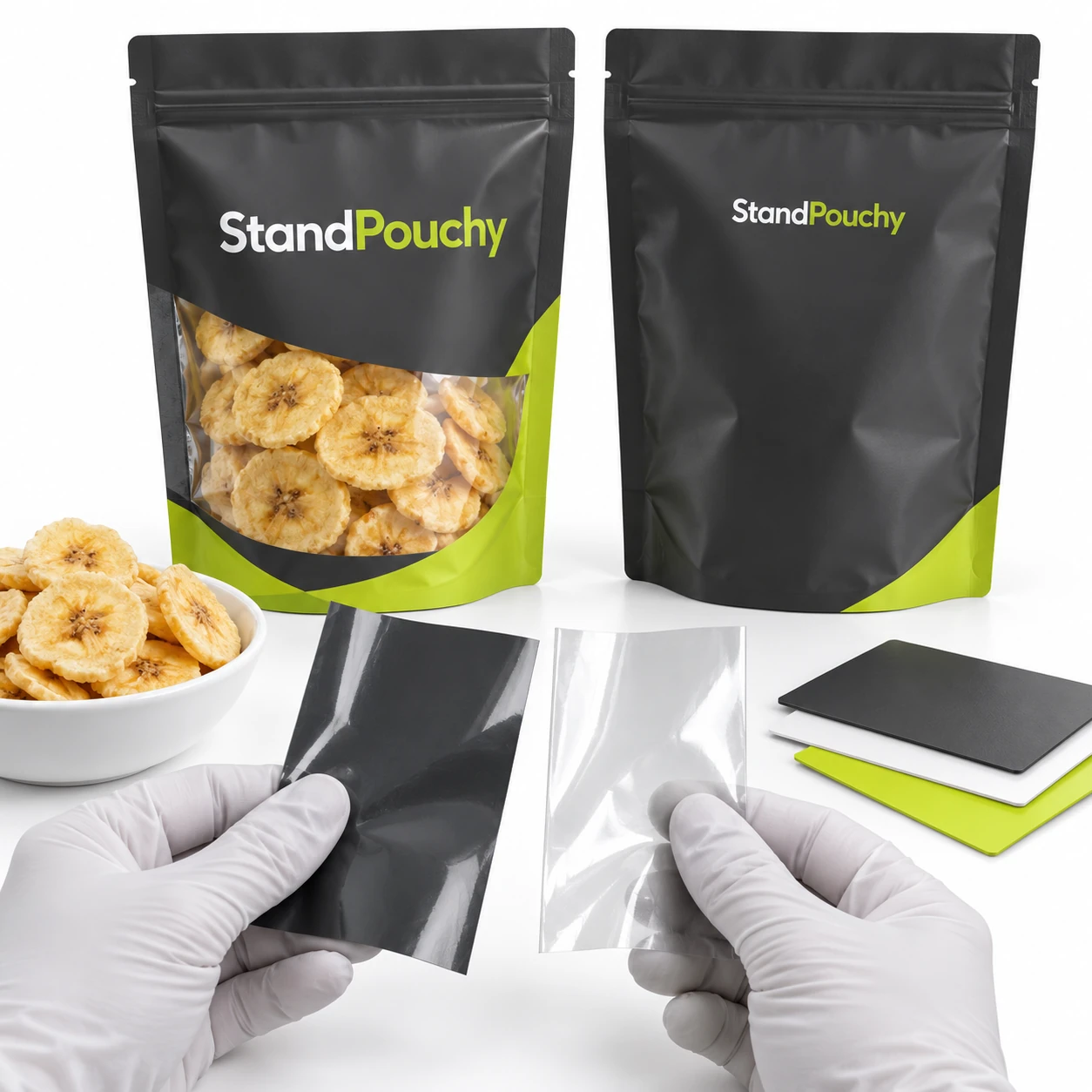 Gloved hands comparing flexible film swatches beside a banana chip pouch and sample cards