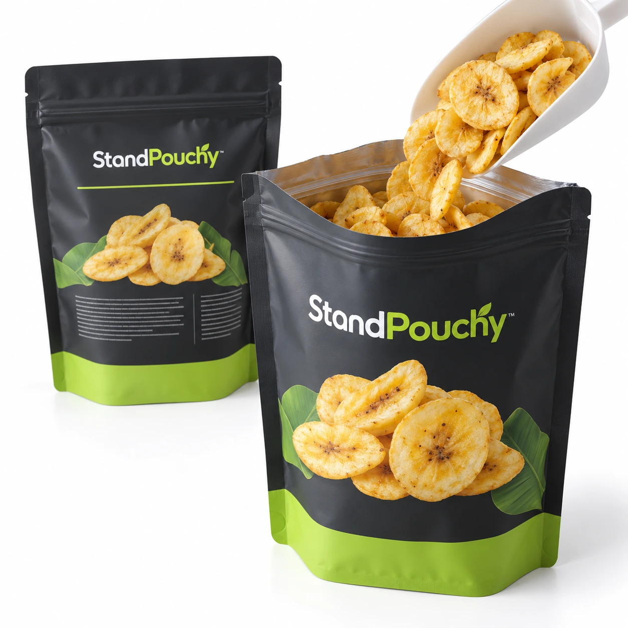 Fried banana chips being scooped into an open pouch with its upper closure area visible