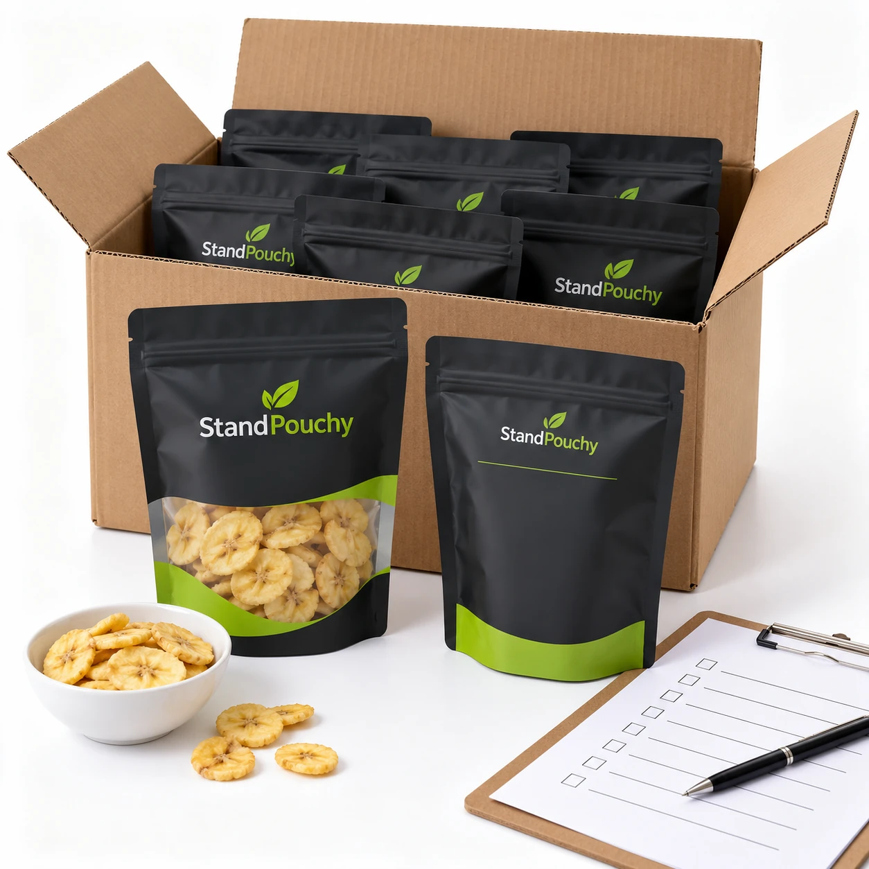 Sealed banana chip pouches standing in a corrugated carton beside a retained sample and checklist