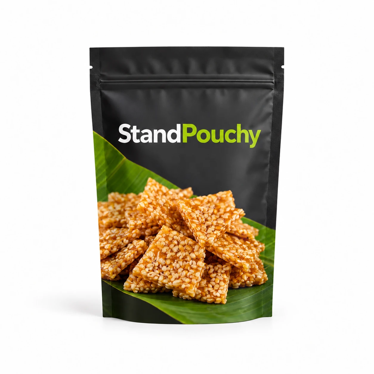 Charcoal and lime StandPouchy sesame brittle pouch centered on seamless white