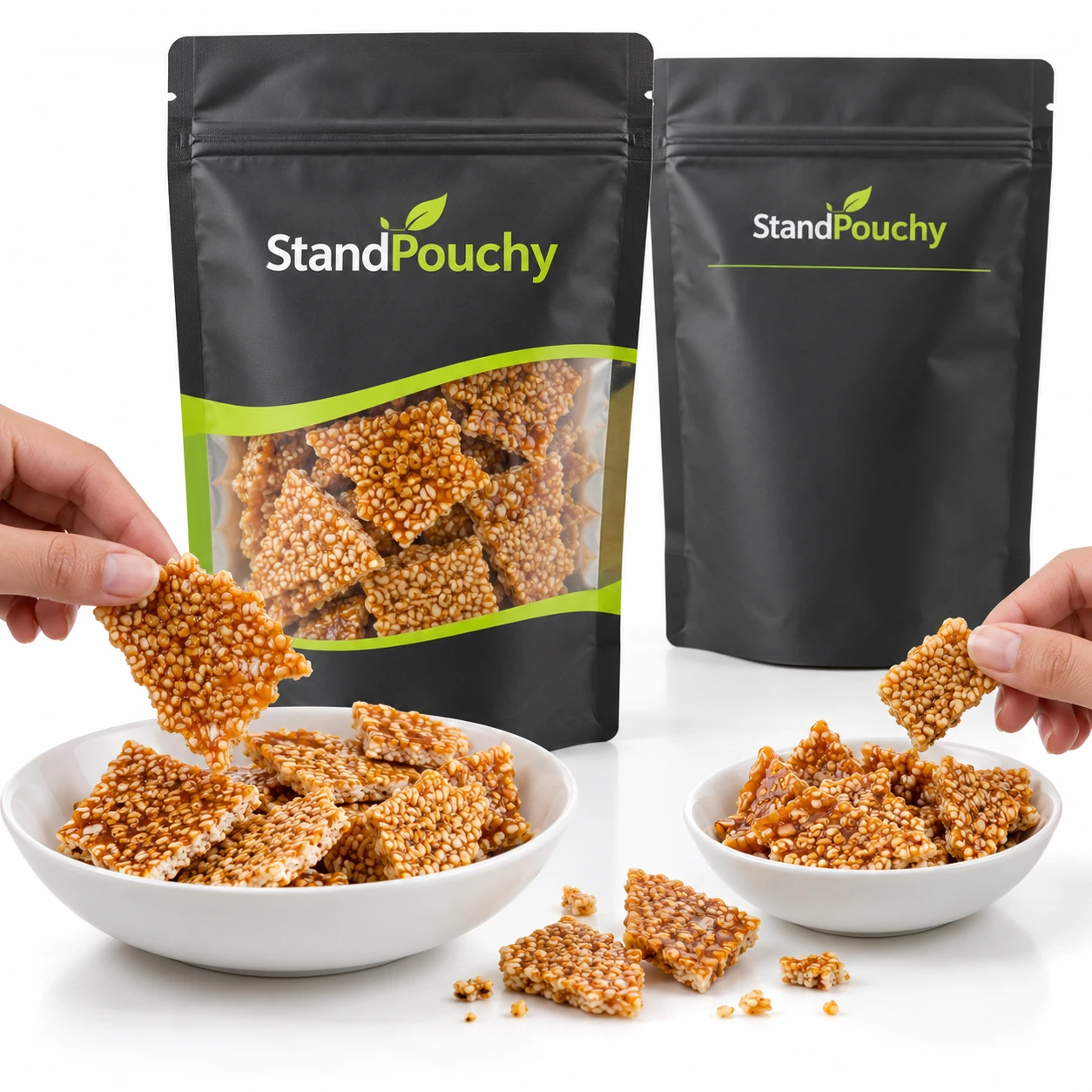 Hands selecting irregular sesame brittle pieces from white dishes beside a snack pouch
