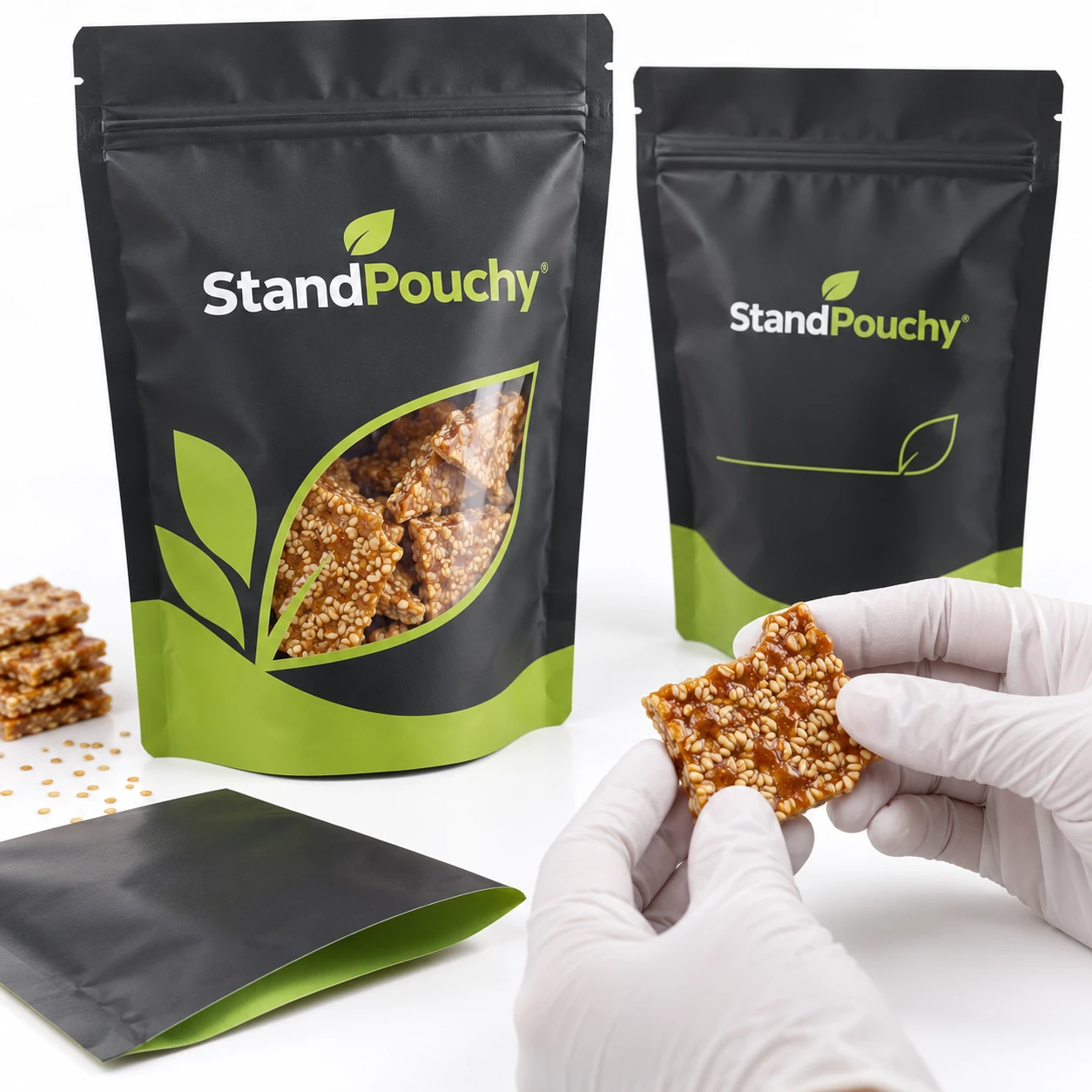 Gloved hands reviewing a sesame brittle fragment beside a film swatch and pouch sample