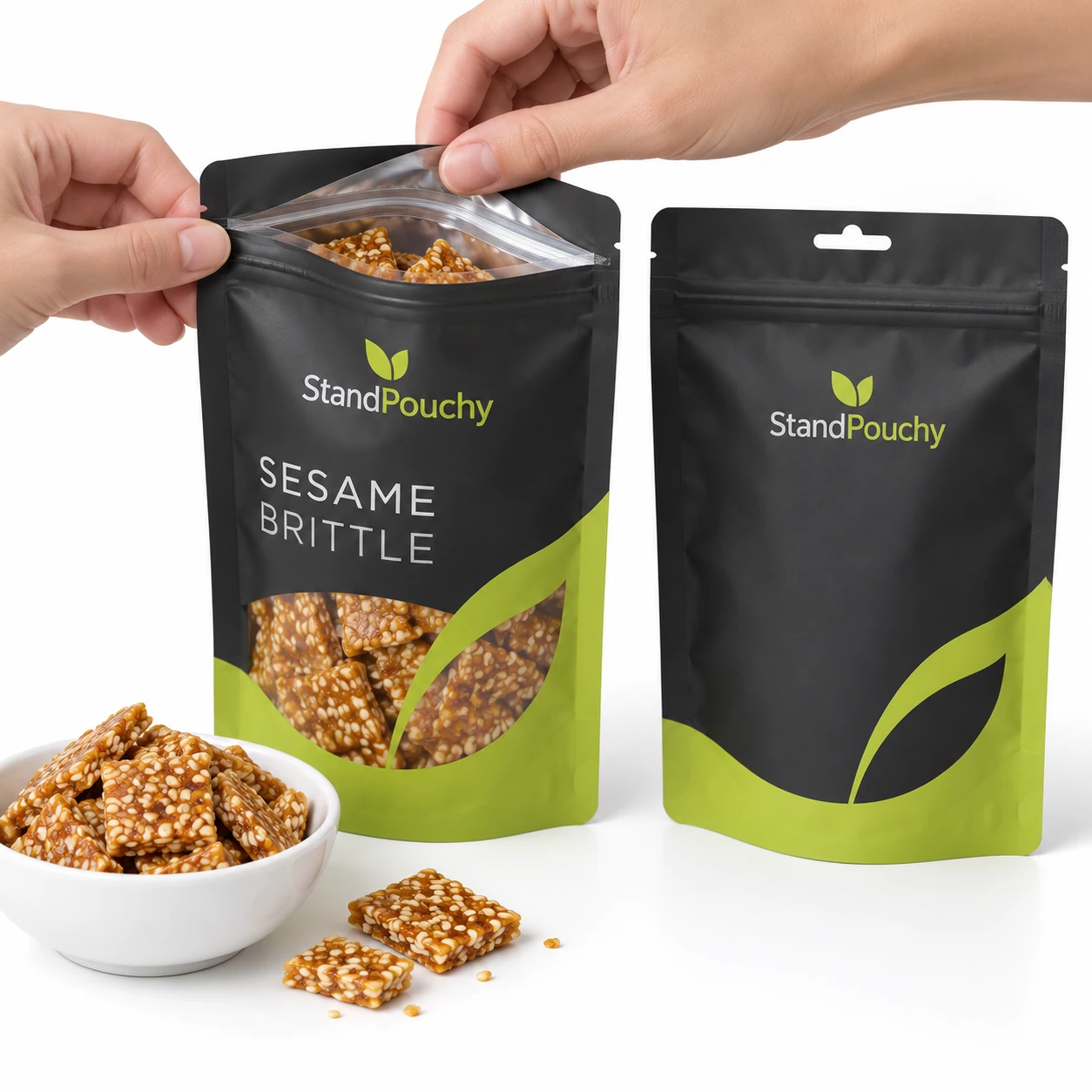 Hands opening a sesame brittle zipper pouch beside a white dish of intact pieces