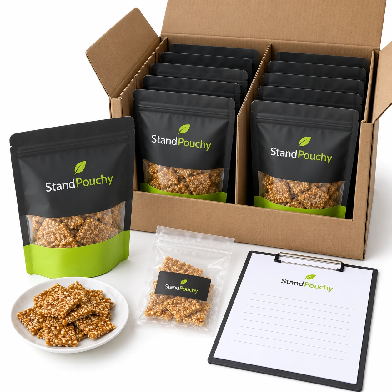 Sesame brittle pouches packed with paper dividers beside a retained sample and blank approval sheet
