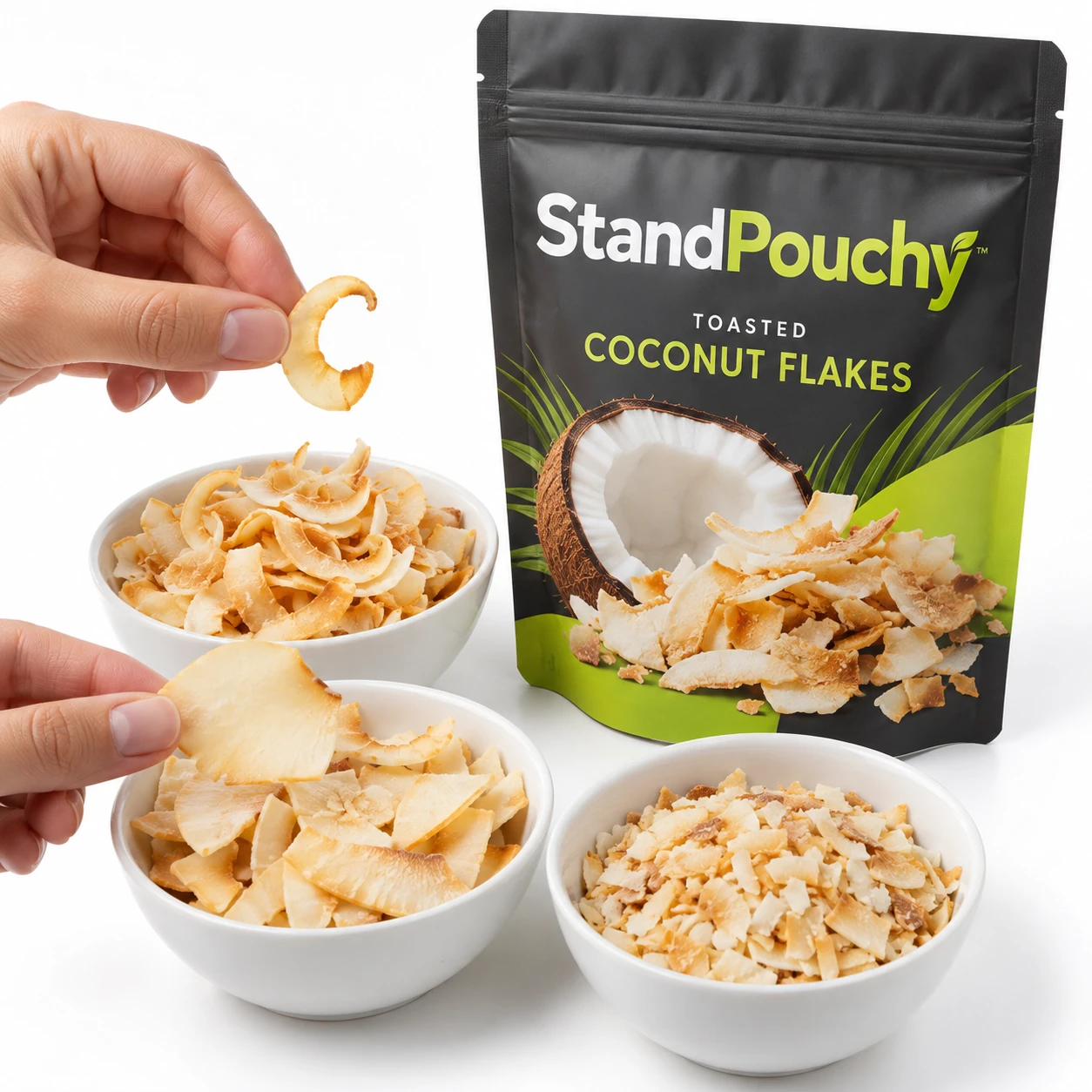 Hands comparing toasted coconut flakes and fragments in white dishes beside a StandPouchy snack pouch