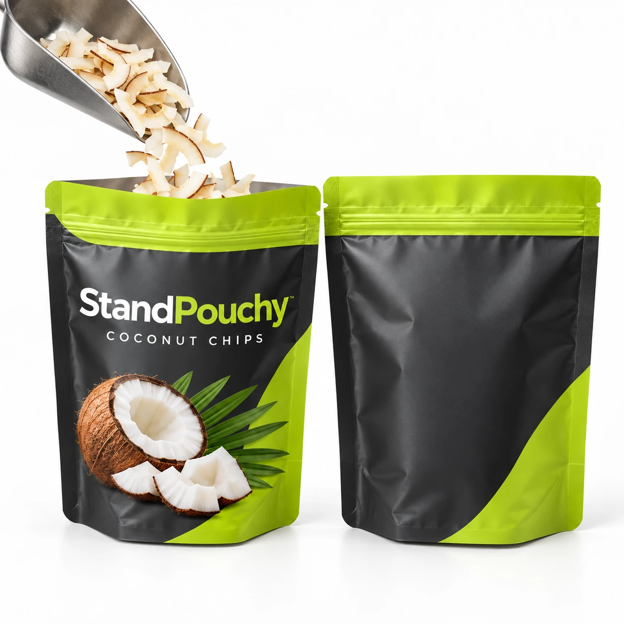 A scoop gently filling a conventional StandPouchy coconut chip pouch through its open mouth