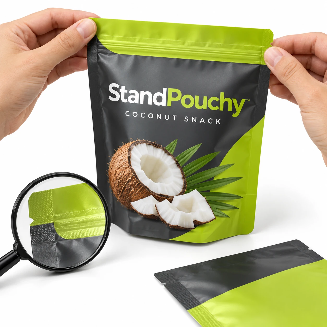 Hands inspecting a coconut snack pouch top seal beside a magnifier and separate film swatch on white