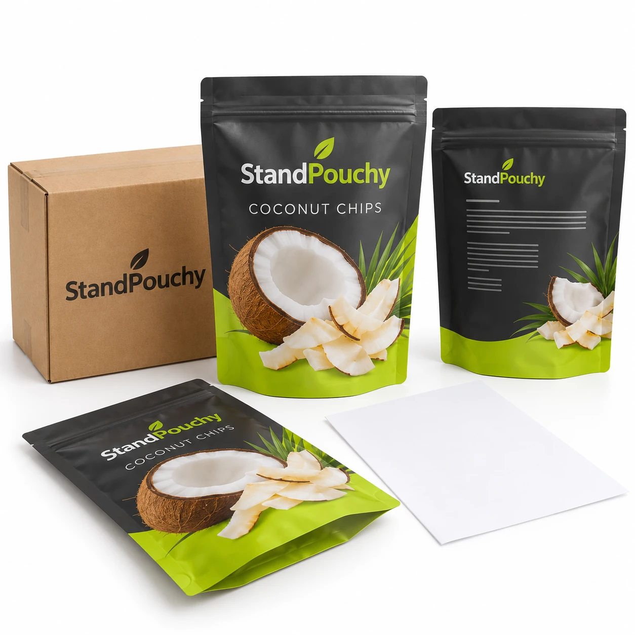 StandPouchy coconut chip pouch and matching flat sample beside a small case and specification sheet on white
