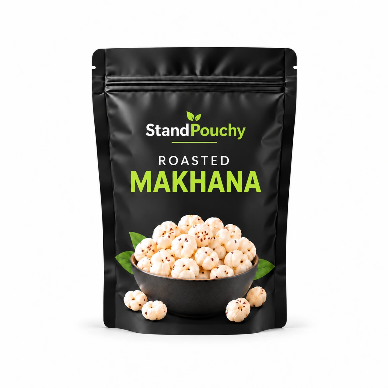 Charcoal and lime StandPouchy roasted makhana stand-up pouch centered on seamless white