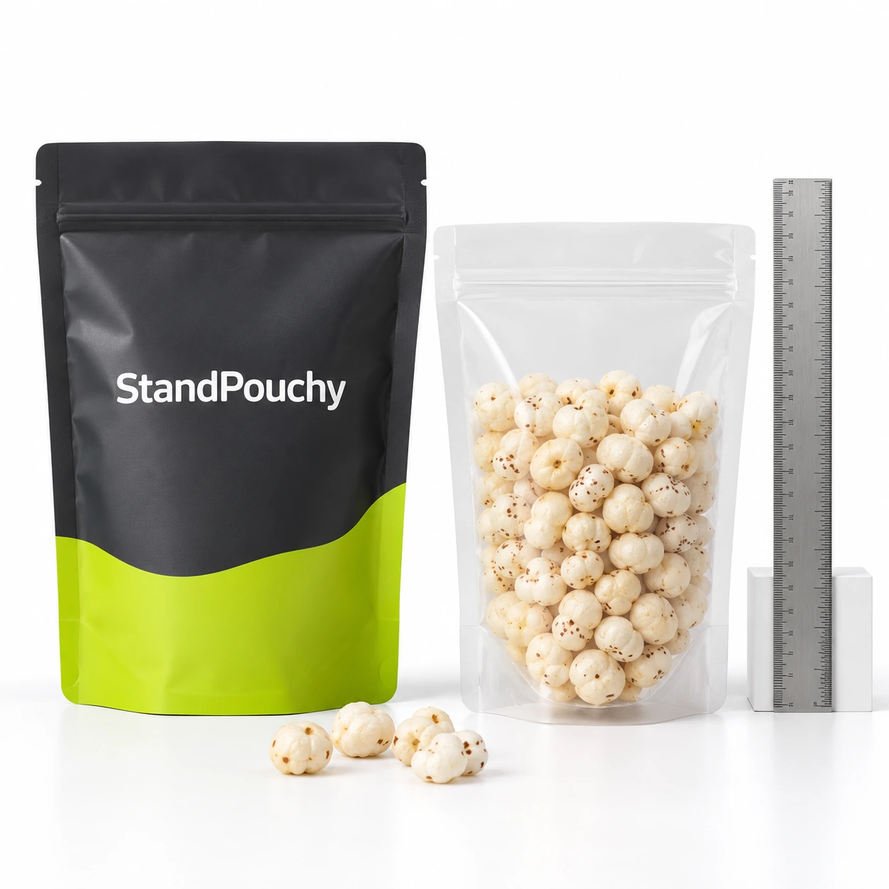 Two conventional makhana pouches and representative fox nuts reviewed for usable opening and filled height